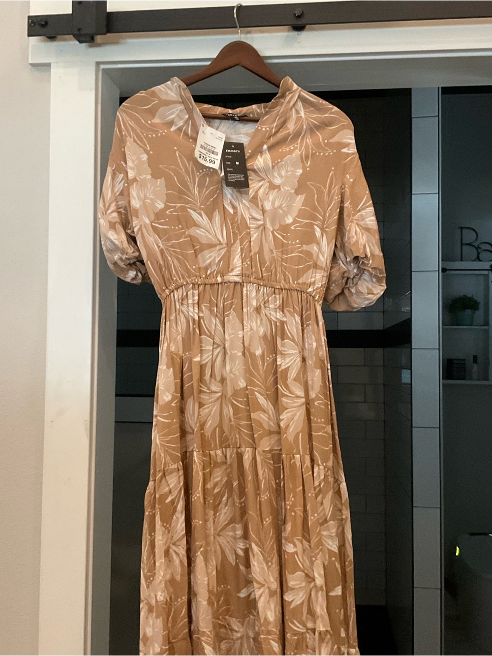 Tan Floral Puff-Sleeve Midi Dress - White Leaf Print